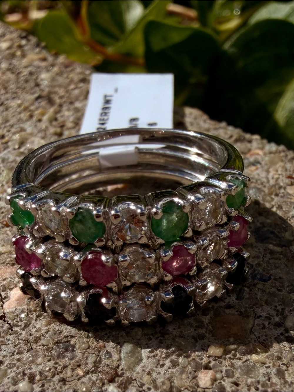 14K White Gold Over 925 Silver Multi Gemstone Ring Sapphire Emerald Ruby & Topaz - Picture 12 of 13